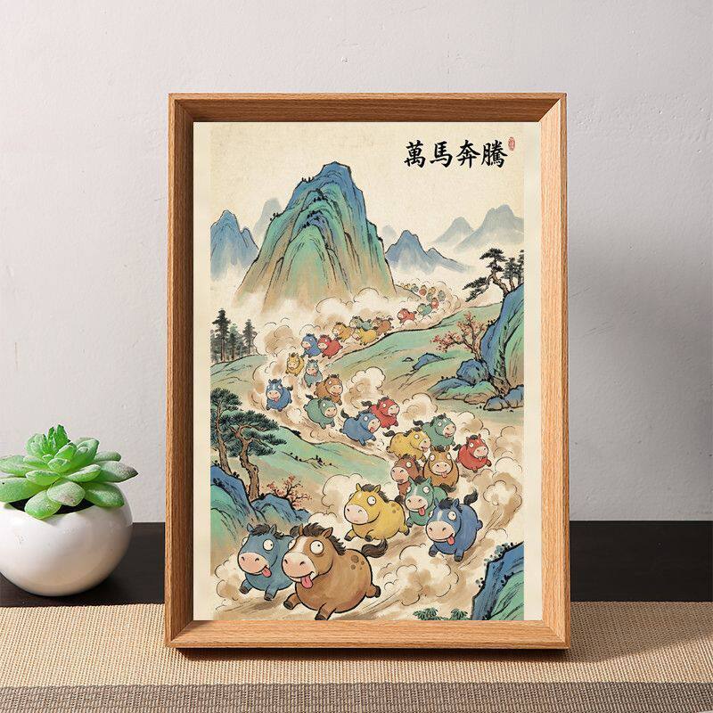 万马奔腾搞笑版木质摆台相框