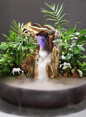 假山流水喷泉小盆景微景观室内客厅办公室喷雾加湿器真石头水景缸