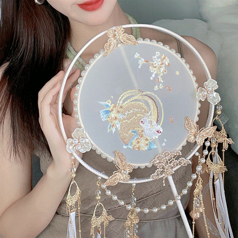 长柄团扇成品古风带流苏宫扇汉服长扇子DIY手工材料拍摄送朋友