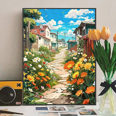 乡间小路花卉0基础数字油画diy填充涂色画画手工风景油彩装饰挂画