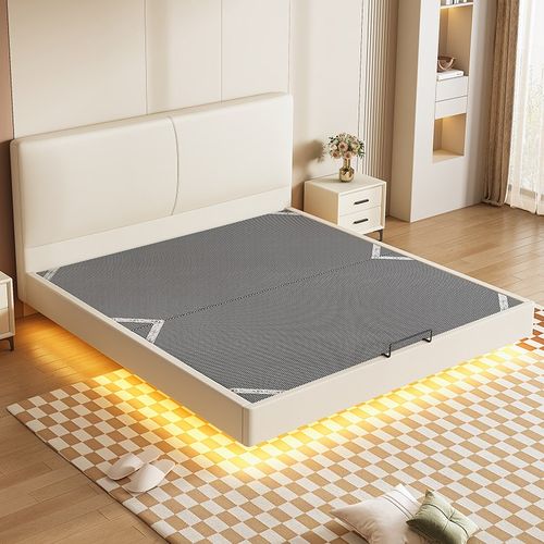 全实木悬浮床奶油风主卧双人床齐边极简薄床头靠背软包悬浮床