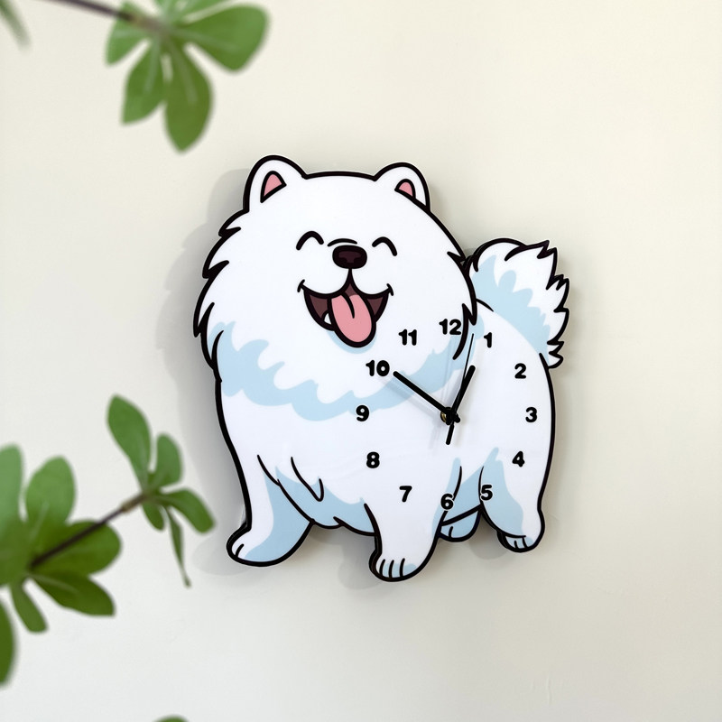 卡通创意萨摩狗狗装饰挂墙钟表宠物店儿童房客厅静音可爱时钟挂钟