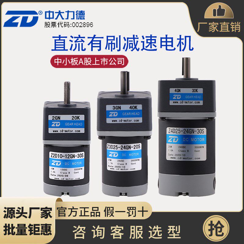 中大力德微型直流有刷齿轮减速电机6W~300W电机24V220V带碳刷马达