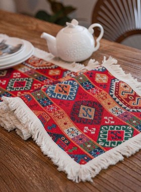 耶诞桌旗节日红色桌旗餐布装饰复古桌布ims文艺民族风耶诞桌布