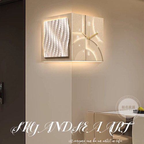 创意极简客厅双面拐角挂钟奶油风钟表挂墙灯画抽象高级感转角时钟