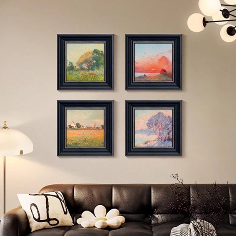 中古风春夏秋冬印象派客厅装饰画沙发背景墙组合画大白墙艺术挂画