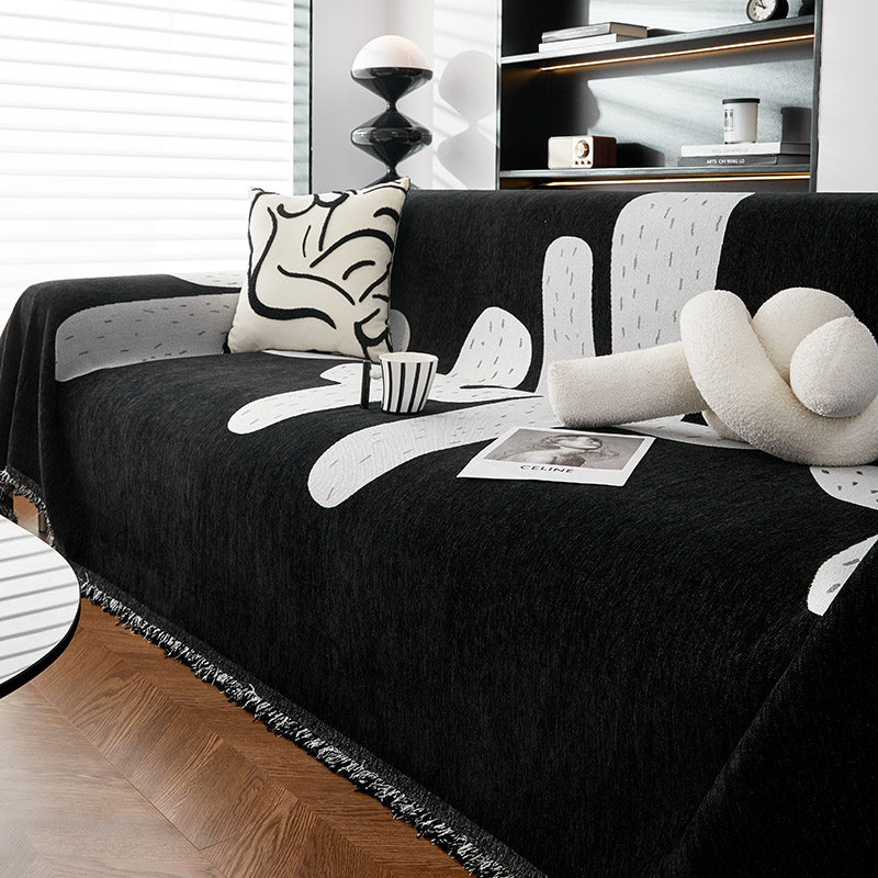 黑色高级感仙人掌沙发盖布沙发巾四季通用全盖防尘雪尼尔沙发套罩