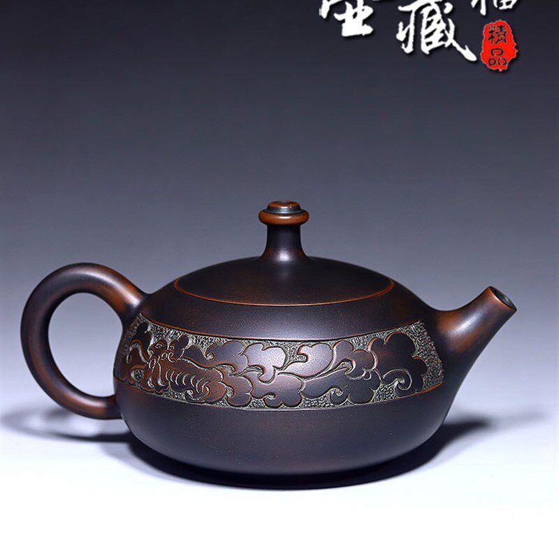 贵妃球孔出水钦州坭兴陶茶壶龙凤浮雕名家全手工窑变紫泥泡茶壶