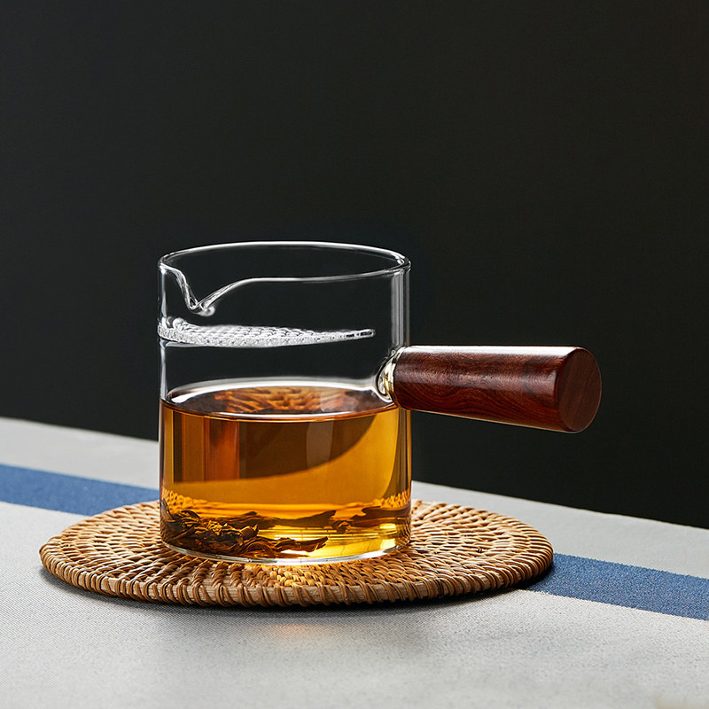 侧把玻璃公道杯加厚耐热茶漏一体分茶器月牙杯木把过滤泡茶壶茶具