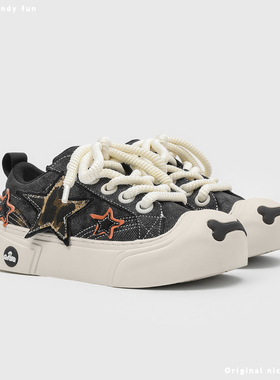 奇安达帆布鞋2025新款厚底休闲板鞋星星百搭女鞋丑萌开口笑大头鞋