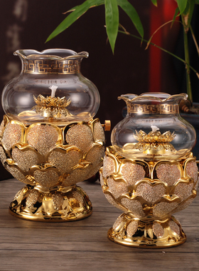 新古典油灯防风莲花玻璃液体酥油灯环保长明陶瓷佛前供灯摆件灯座