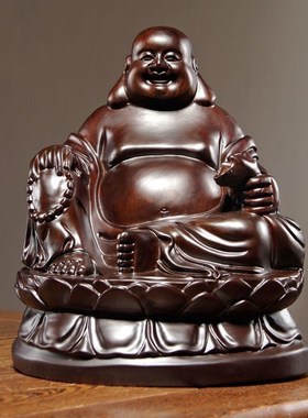 黑檀木雕刻佛像弥勒佛摆件汽车载装饰实木质工艺品坐式笑佛送礼物