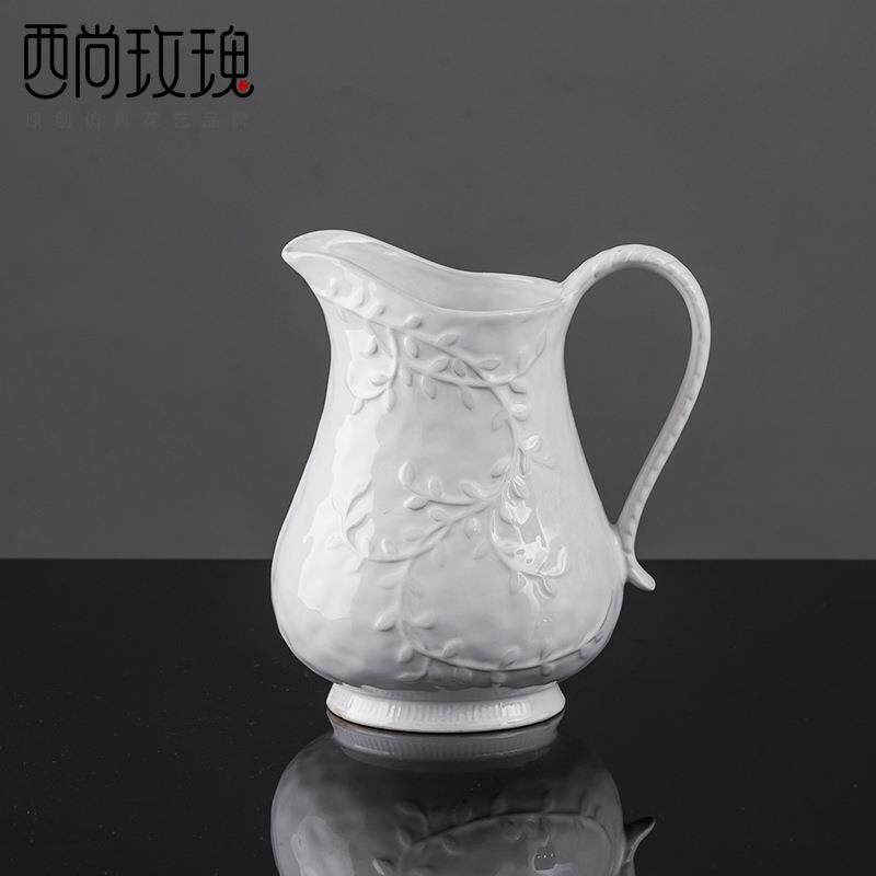 中式陶瓷花瓶 白色浮雕陶瓷水壶摆件 客厅装饰品餐桌摆件工艺品