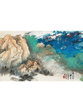 张大千 春山暮雪 青绿山水泼墨画写意抽象国画微喷客厅装饰画临摹