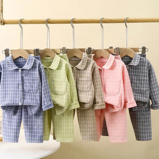 儿童家居服男女德绒宝宝格子翻领套装长袖睡衣秋冬春天外出时尚