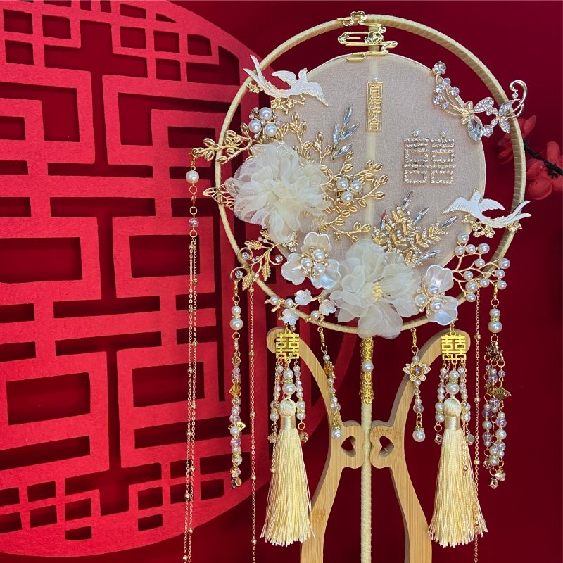 结婚团扇中式新娘秀禾服婚礼扇子红色汉服出嫁喜扇diy材料包成品