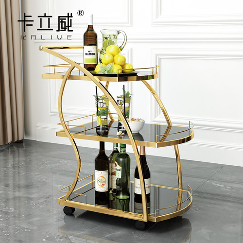 三层不锈钢酒水车移动餐S车金移动手推车服务车4镀店点心车茶水车