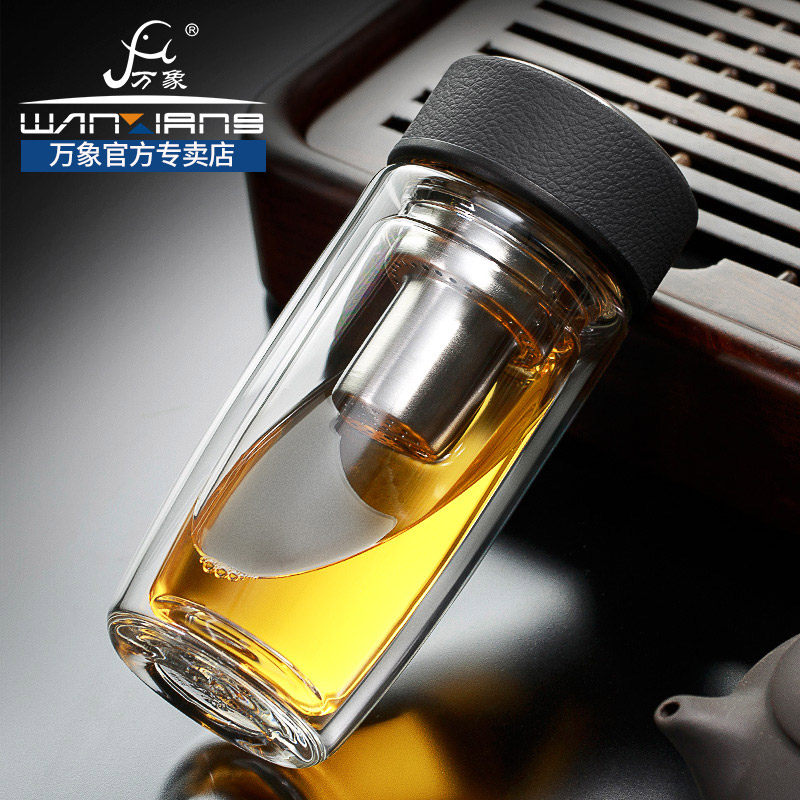 万象双层玻璃杯实用隔热茶杯夏天办公玻璃水杯带滤网杯子V16/V17