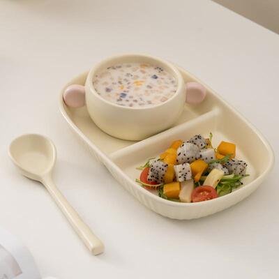 早餐餐具分格餐盘家用精致一人食水果分隔盘高颜值陶瓷碗盘奶油系