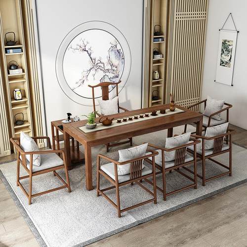 新中式实木大板茶桌茶楼禅意休闲洽谈泡茶台办公会客茶几桌椅组合