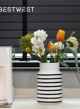 Best west 北欧黑白横条纹彩绘陶瓷花瓶摆件样板间插花器装饰品