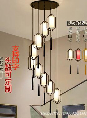 新中式吊灯餐厅旋转楼梯间红色单头复式楼长款吊灯楼梯餐饮店吧台