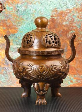 宏达 全黄铜官耳狮腿炉仿古包浆玄关供奉炉铜香炉礼品摆件