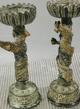仿古龙凤烛台摆件古玩杂项龙凤呈祥烛台一对家居装饰古董工艺品