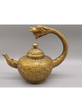 铜器摆件 仿古黄铜酒壶水壶 装饰道具 龙把壶龙嘴壶铜壶