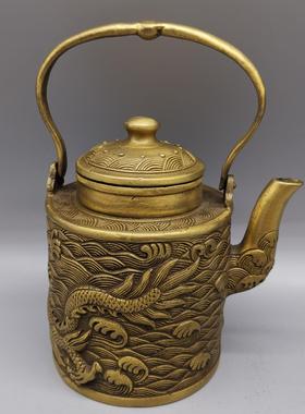 铜器仿古做旧古玩杂件收藏黄铜直龙壶摆件摆设