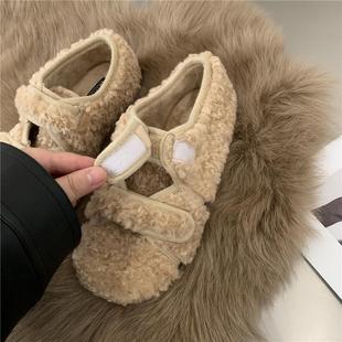 秋冬保暖软底豆豆棉鞋 女新款 子 玛丽珍平底毛毛鞋 网红白色法式