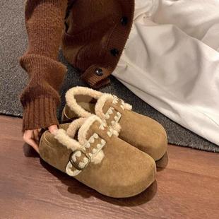 保暖两穿棉鞋 复古棕色厚底加绒全包毛毛勃肯鞋 女外穿秋冬新款