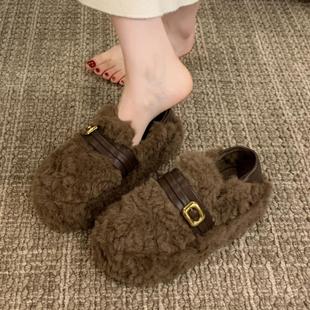 两穿毛毛鞋 秋冬季 女年新款 厚底增高皮带扣加绒保暖棉鞋