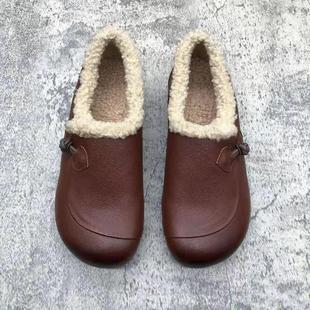 防滑短靴棉鞋 舒适保暖妈妈鞋 冬新款 复古盘扣加绒豆豆鞋