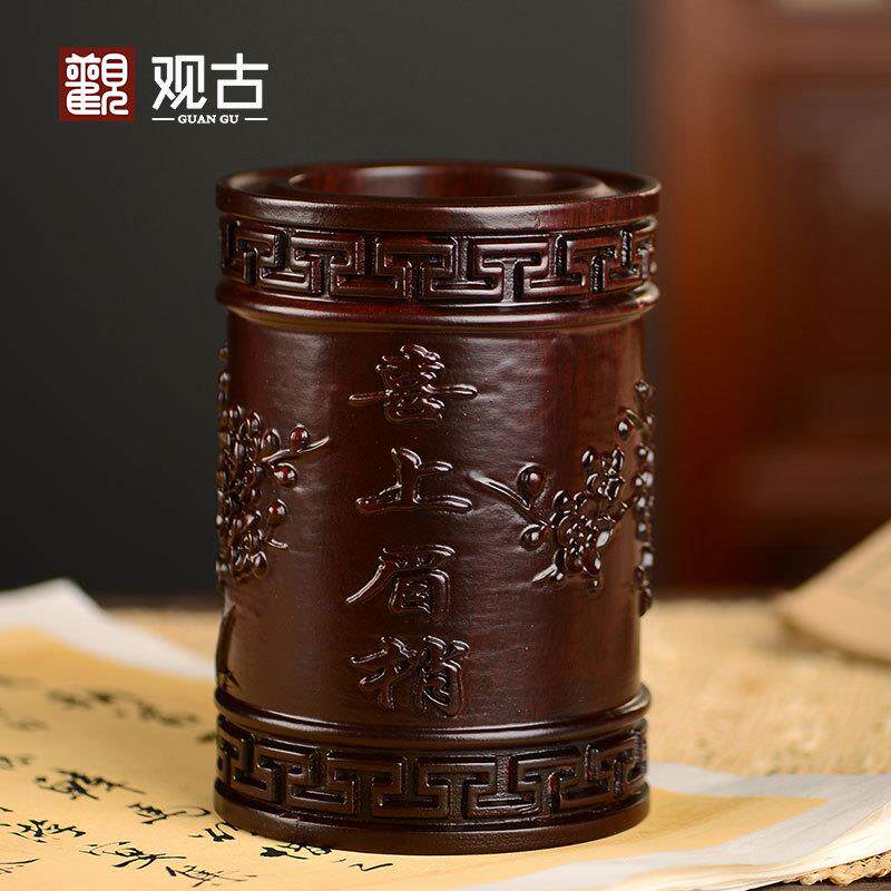 黑檀木雕喜上眉梢笔筒工艺品办公室书桌家居客厅木质笔筒摆件送礼