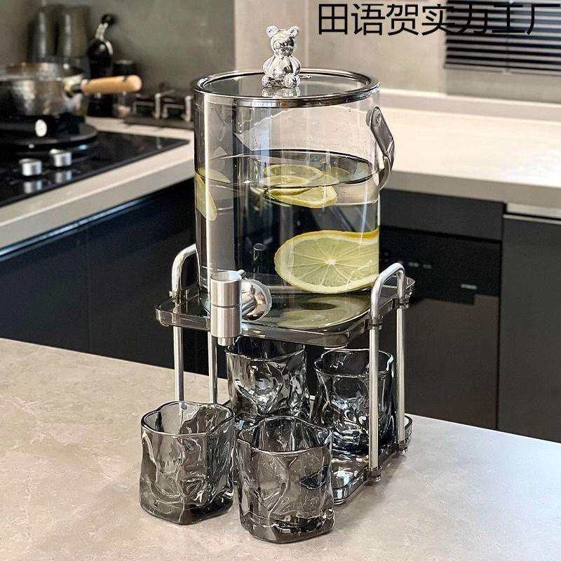 轻奢冷水壶带龙头玻璃水瓶套装大容量家用凉水壶水果茶可乐饮料桶