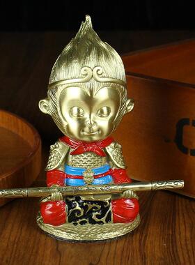 黄铜悟空办公室汽车中控台纯铜摆件礼盒装盘坐生肖猴铜器工艺品