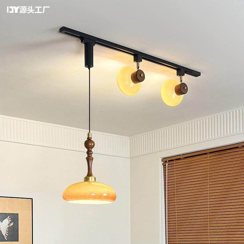 中古风餐厅可移位轨道吊灯复古法式奶油风吧台柿子玻璃胡桃色灯具,家装灯饰光源,智能吊灯,淘宝优惠券,粉丝福利购,淘宝优惠卷