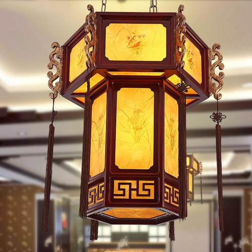 中式仿古实木吊灯复式楼六角宫灯温馨卧室书房餐厅工程别墅灯笼