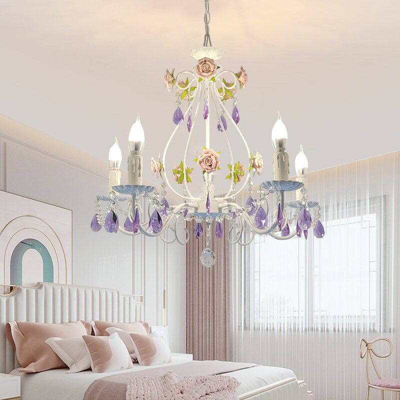 温馨田园卧室水晶灯浪漫女孩公主房儿童灯铁艺客厅花草灯玫瑰吊灯