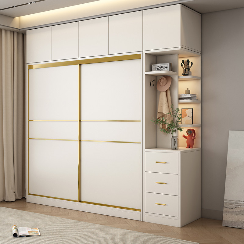 推拉门衣柜家用卧室柜子实木生态板滑移门奶油风新款60柜深大衣橱