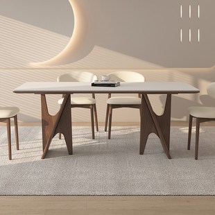 德利丰实木岩板餐桌家用长方形奶油中古风高级感全托白蜡木饭桌子