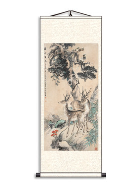 受天百鹿山水画招财转运卷轴挂画中式客厅办公室玄关现代装饰画