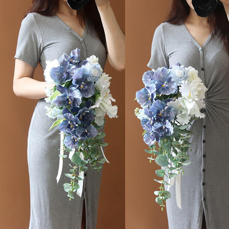 水滴手捧仿真花束新娘结婚摄影蝴蝶兰绢花家居客厅台面餐桌摆放
