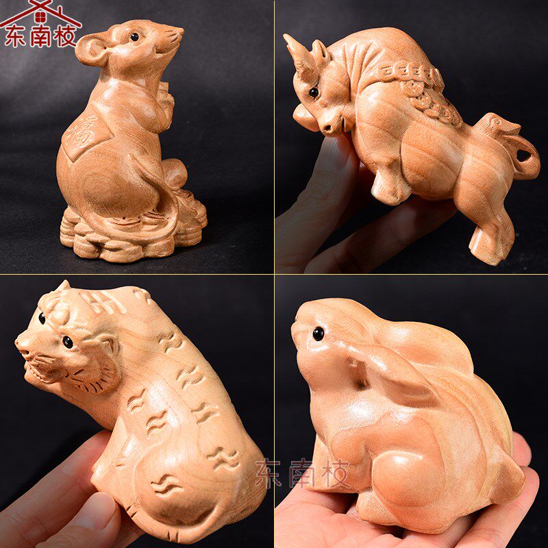 桃木十二生肖属鼠牛虎兔龙蛇马羊狗猪猴鸡狗猪摆件木雕原木色雕刻