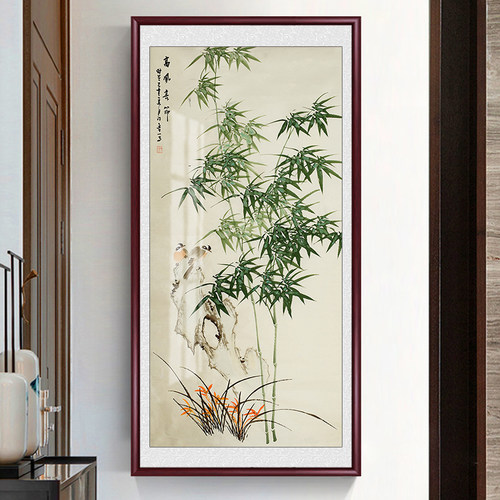 竹报平安竹子水墨画入户玄关装饰画客厅挂画花鸟国画中式竖版壁画
