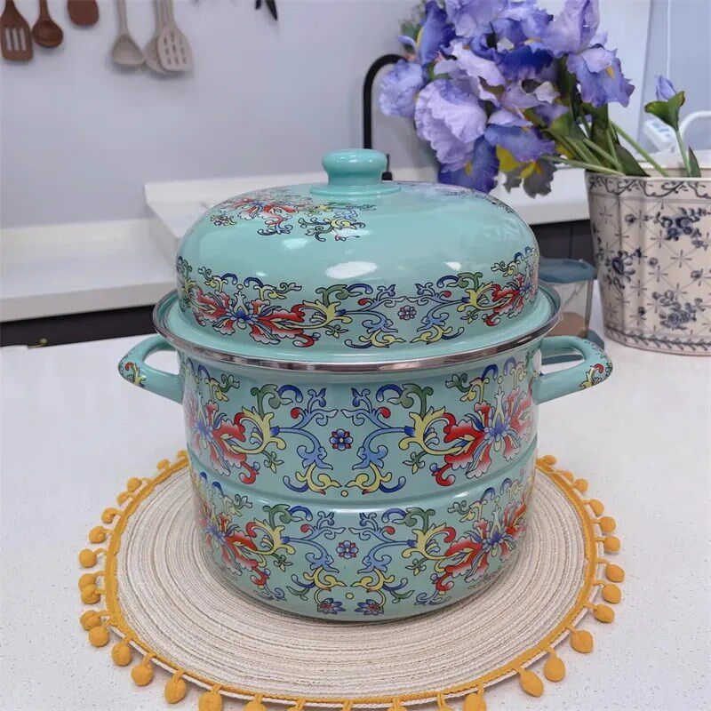 大容量两层多用搪瓷蒸锅炖锅珐琅汤锅家用双耳锅电磁炉燃气灶通用