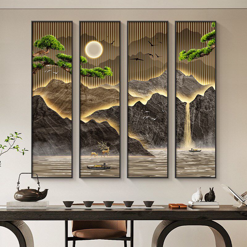 中式茶室装饰画客厅流水生财沙发背景墙挂画24新款宾馆免打孔壁画