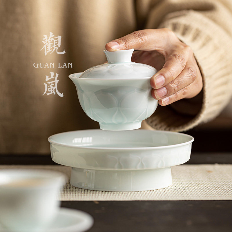 观岚青瓷复古盖碗壶承陶瓷茶杯功夫茶具中式家用防烫泡茶碗干泡台