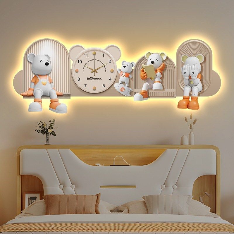 暴力熊奶油风客厅装饰画钟表沙发背景墙挂画高级感卧室发光壁灯画,家居饰品,现代装饰画,淘宝优惠券,粉丝福利购,淘宝优惠卷